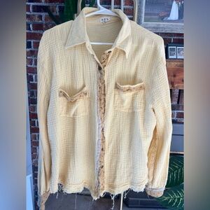 POL Pastel Yellow Textured Button-Up Shirt With Cuff & Button Closure Detail.